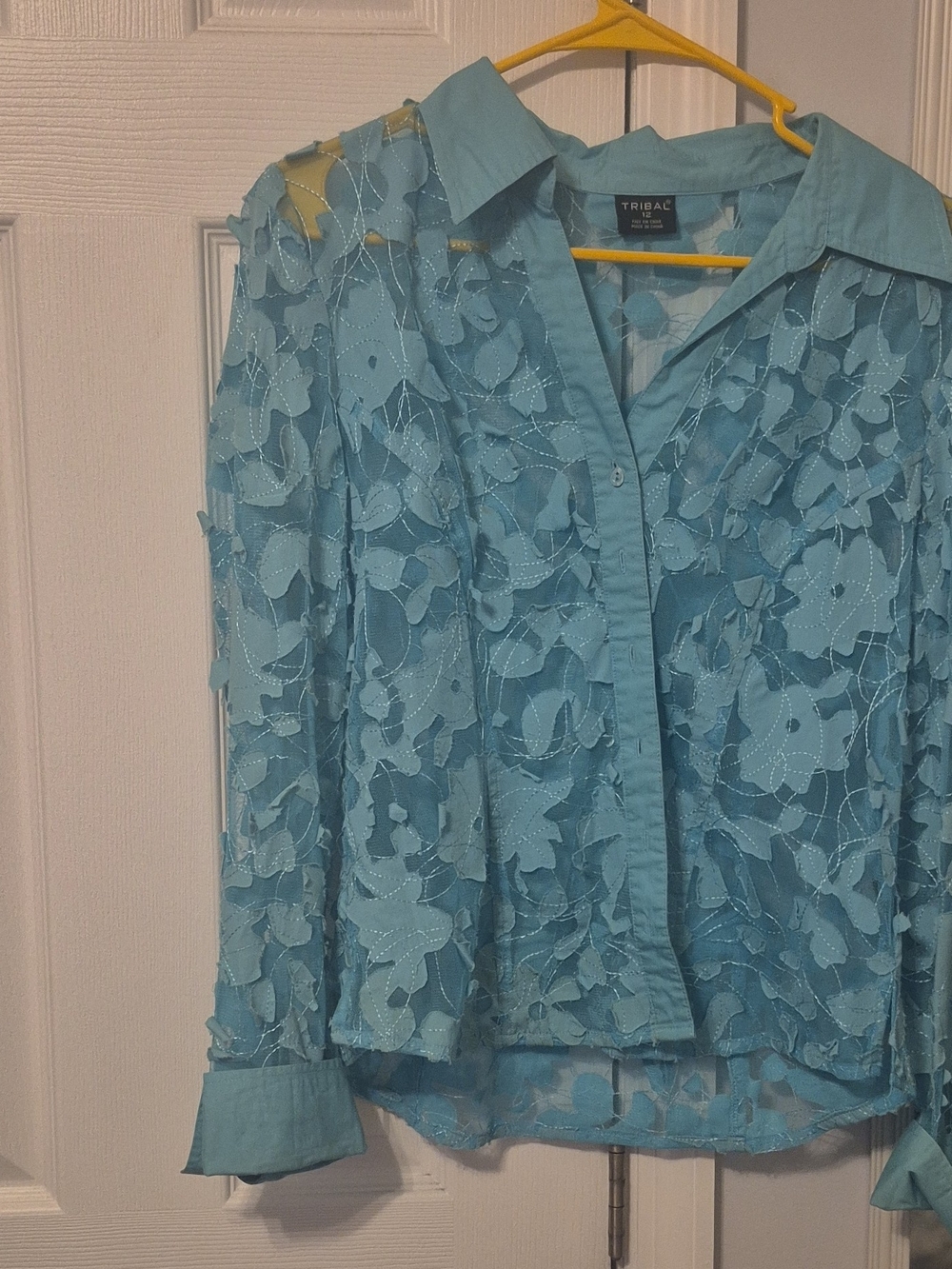 Tribal Aqua Blue Floral Lace Button-Down Shirt